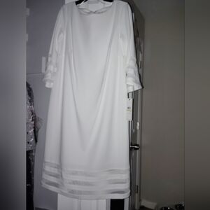 Elegant White Dress With Sheer Design & Bell Sleeves By Calvin Klein 18W